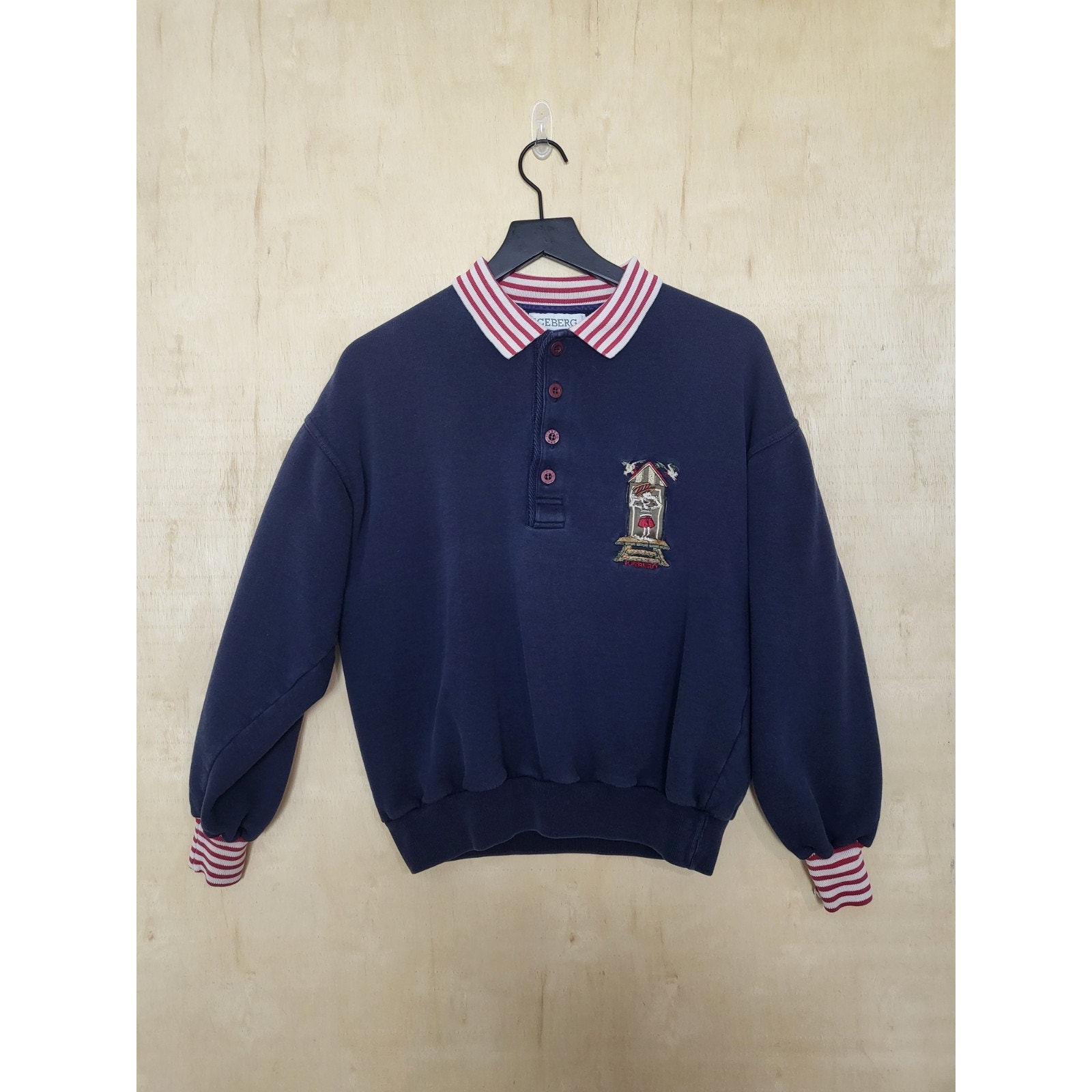 Size:M Vtg 90s Iceberg Cartoon Embroidered Cotton Knit Sweater Collar Striped